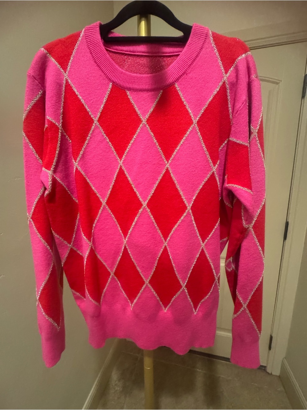 Pink and Red Diamond Argyle Crewneck Sweater
